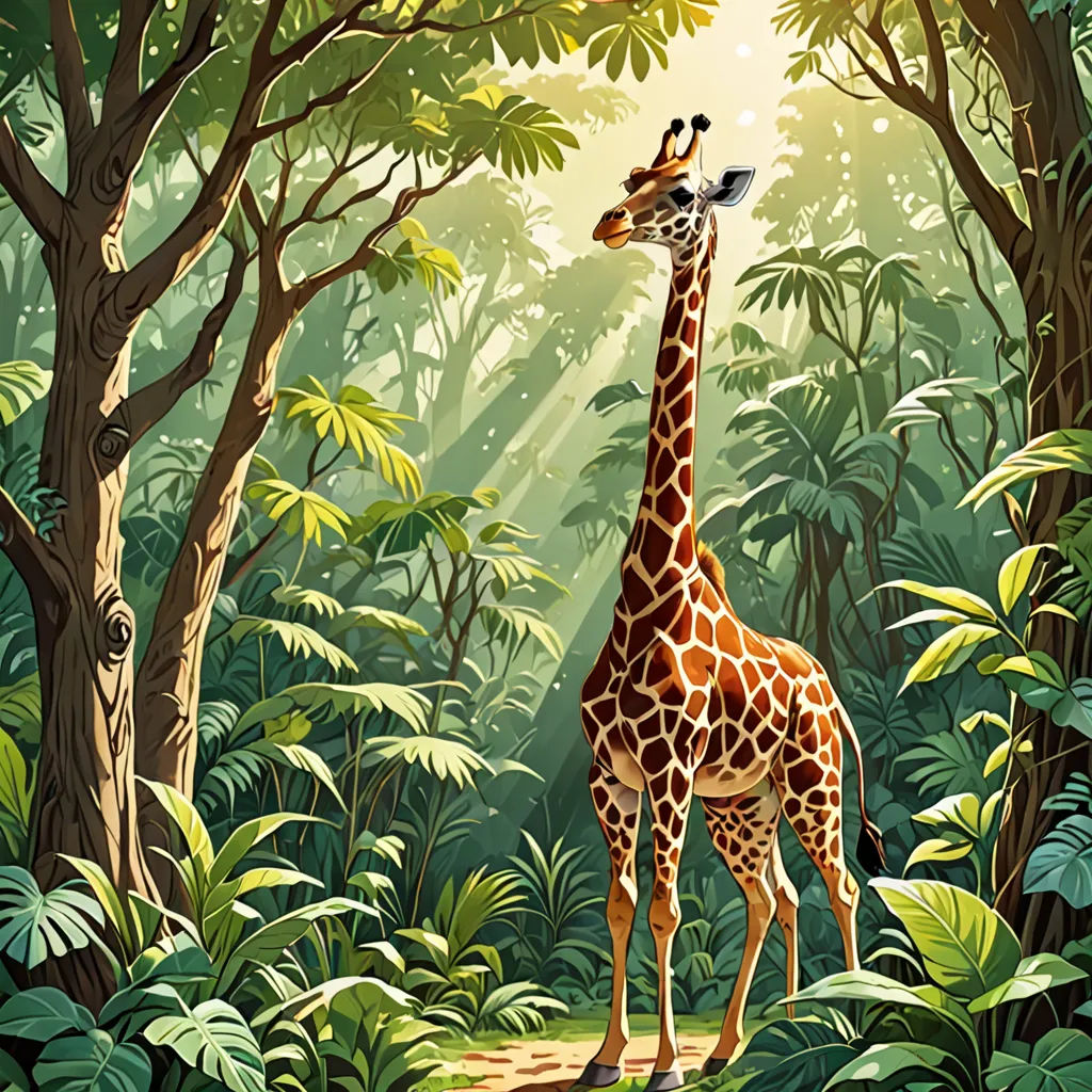 a giraffe standing in the middle of a forest with trees and plants around it, with a bird perched on its neck, naturalism, a storybook illustration, Chris LaBrooy, highly detailed digital painting