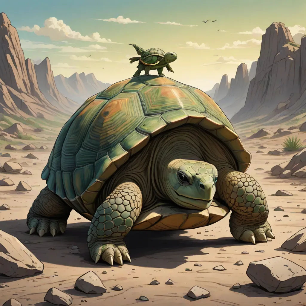 a turtle with a man on its back walking across a desert landscape with rocks and boulders in the background, fantasy art, an illustration of, Chris LaBrooy, magic the gathering artwork