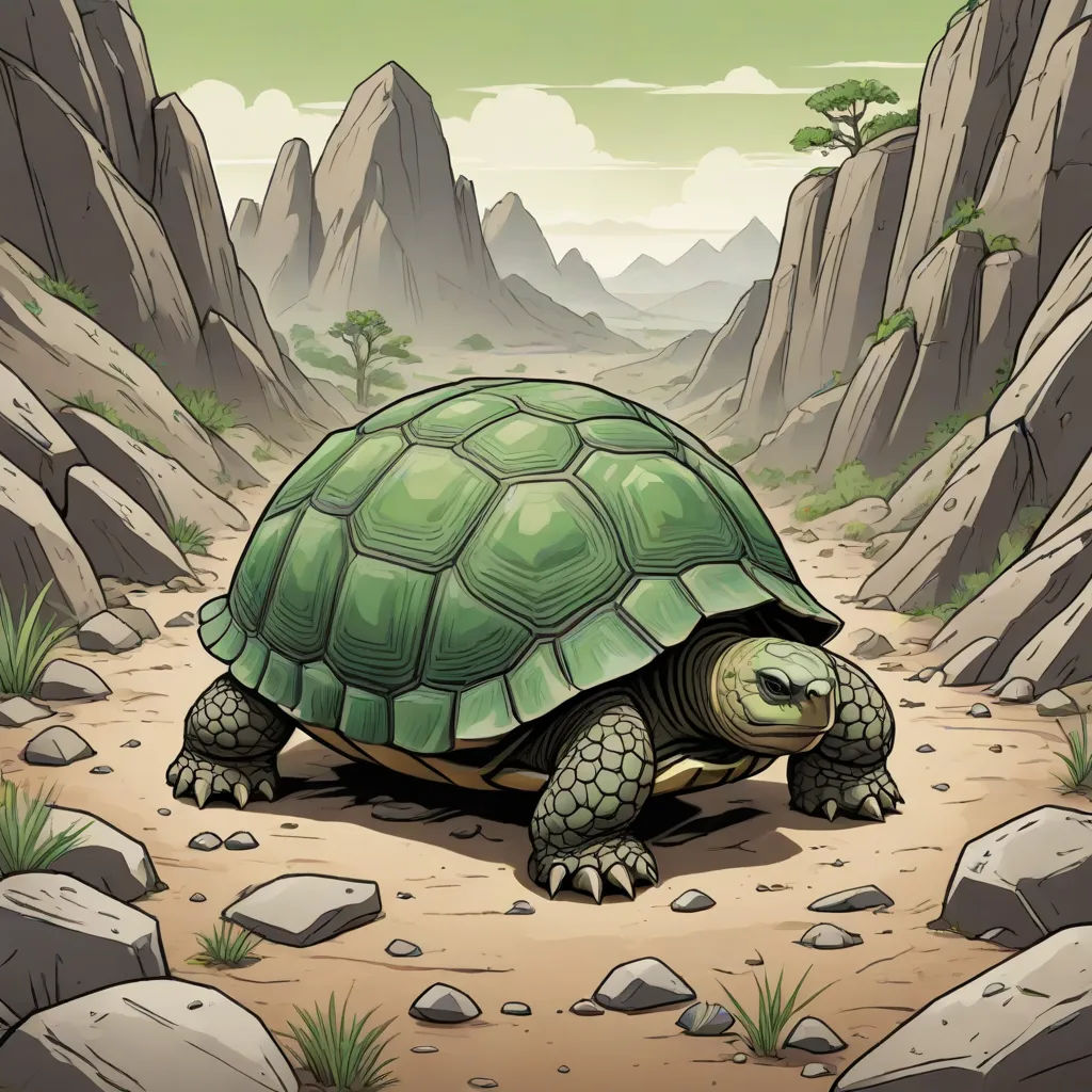 a cartoon turtle walking through a rocky area with mountains in the background and grass growing on the ground,, cloisonnism, an illustration of, Ding Guanpeng, 2 d game art