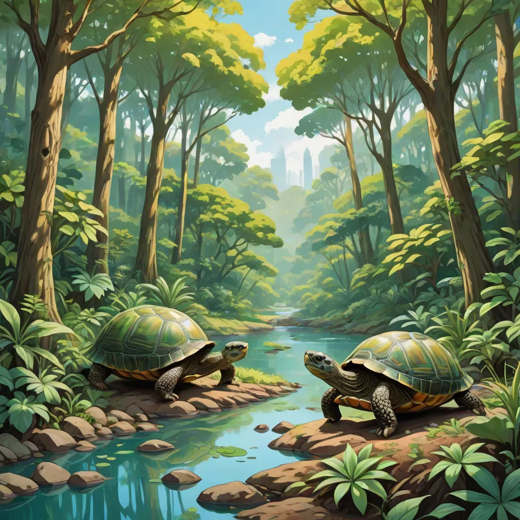 two turtles are walking in the woods by a river and trees, with a stream running between them, and a forest beyond, fantasy art, a storybook illustration, Brothers Hildebrandt, golden ratio illustration