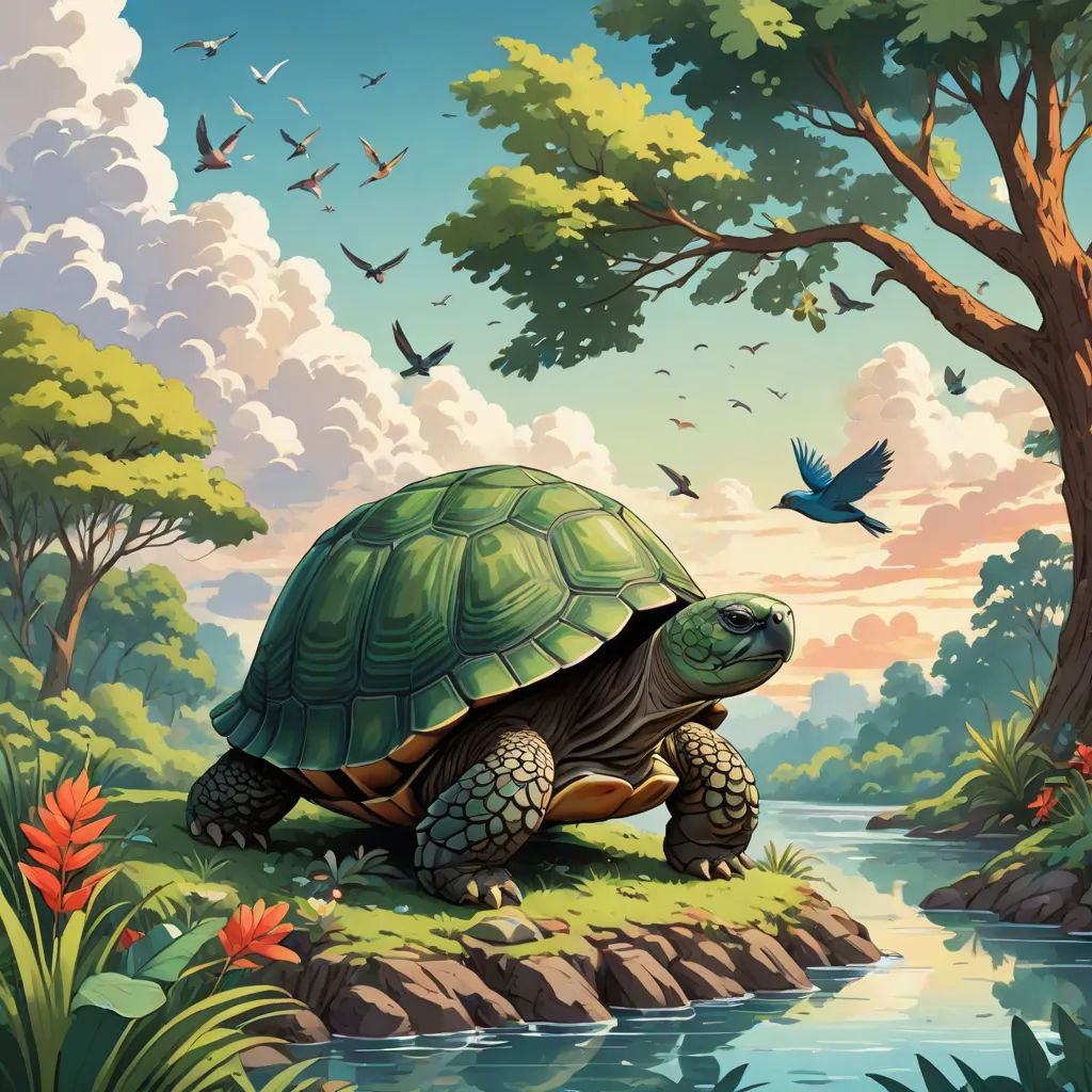 a painting of a turtle on a rock by a river with birds flying around it and a bird flying above it, fantasy art, a storybook illustration, Chris LaBrooy, highly detailed digital painting