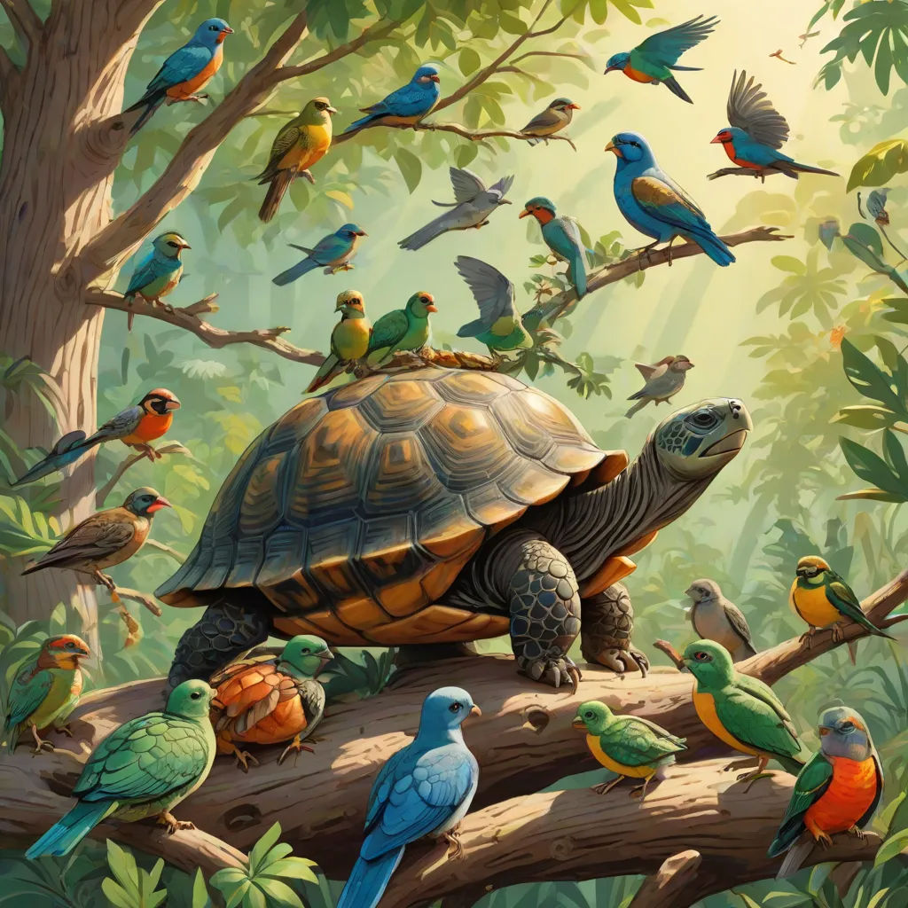 a turtle sitting on top of a tree branch surrounded by birds and birds on it's back legs, fantasy art, a storybook illustration, Chris LaBrooy, highly detailed digital painting