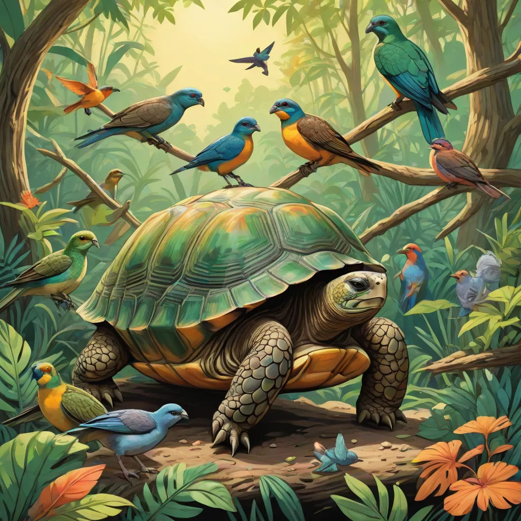 a turtle and many birds in a forest with trees and plants in the background, with a sunlit sky, psychedelic art, a storybook illustration, Chris LaBrooy, highly detailed digital painting