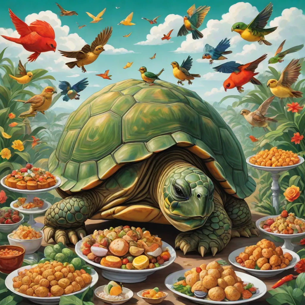 a turtle is surrounded by many plates of food and birds flying around it, and a turtle is eating, pop surrealism, a detailed painting, Chris LaBrooy, highly detailed digital painting