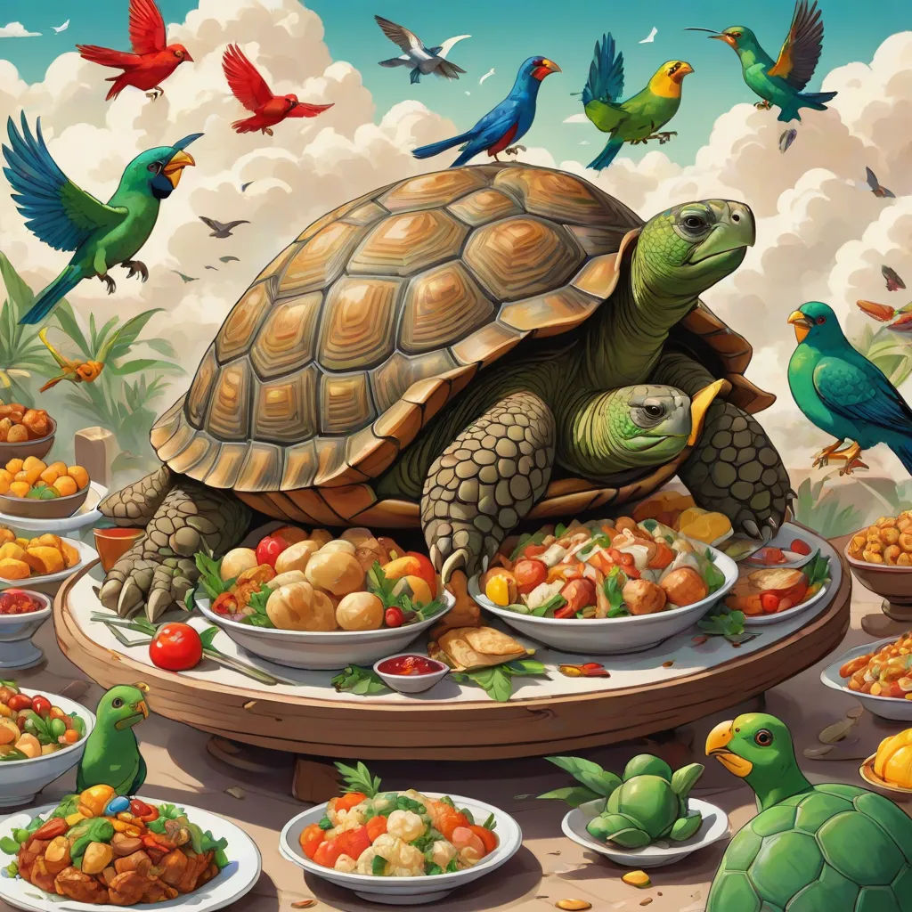 a turtle eating out of a bowl with many birds around it and a plate of food on the ground, fantasy art, a storybook illustration, Chris LaBrooy, highly detailed digital painting