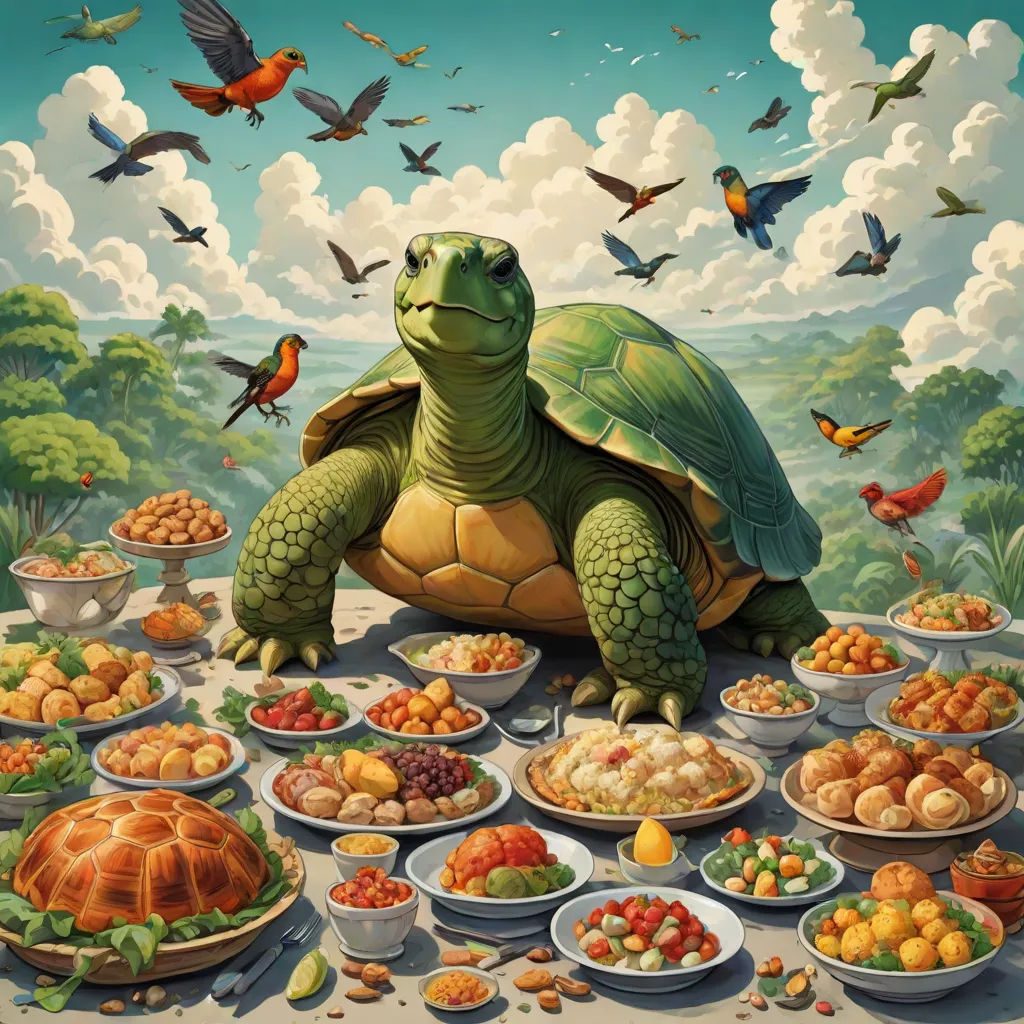 a turtle sitting on top of a table filled with plates of food and birds flying around it, with a sky background, fantastic realism, a storybook illustration, Chris LaBrooy, highly detailed digital painting