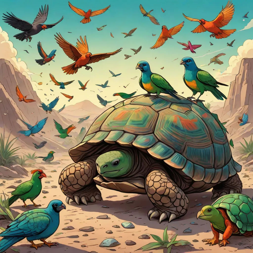 a turtle and birds are in the desert with a sky background and a blue sky with a few clouds, psychedelic art, a storybook illustration, Chris LaBrooy, highly detailed digital painting