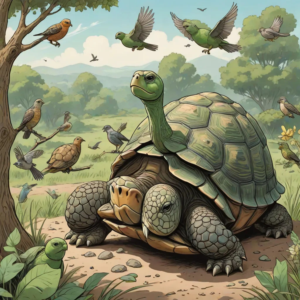 a turtle and birds are in the background of a painting of a forest with trees and birds flying around, altermodern, a storybook illustration, Chris LaBrooy, storybook illustration