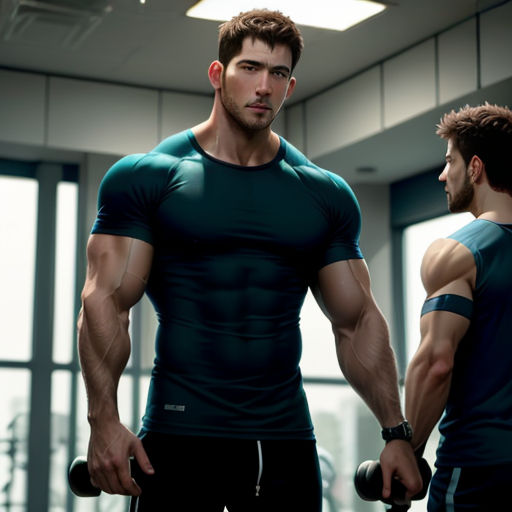 a man in a gym with a dumbbell and a man in a gym shirt looking at each other
