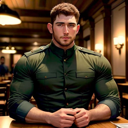 a man in a military uniform sitting at a table in a restaurant with his hands folded out in front of him