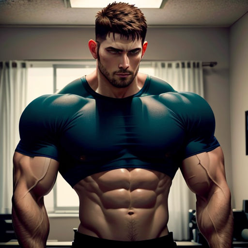 a man with a muscular body in a room with a window and a curtain behind him is looking at the camera