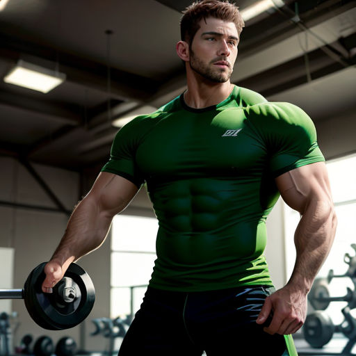 a man in a green shirt holding a barbell in a gym area with a lot of equipment in the background