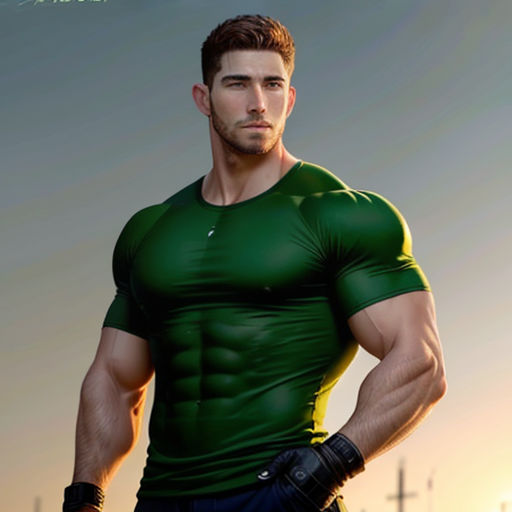 a man in a green shirt is holding a gun and posing for a picture with a sky background and a sun in the background