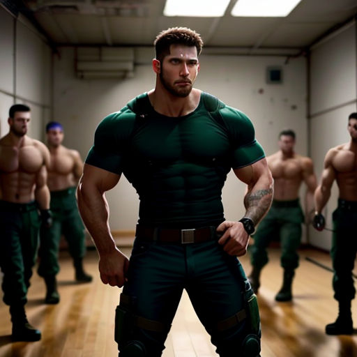 a man in a green shirt and some other men in green uniforms in a gym room with a hard wood floor