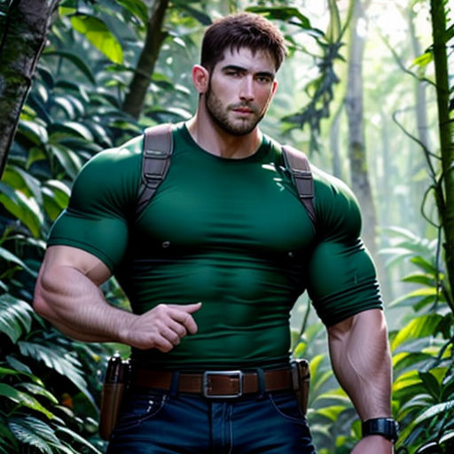 a man in a green shirt standing in the woods with a gun in his hand and a backpack on his shoulder