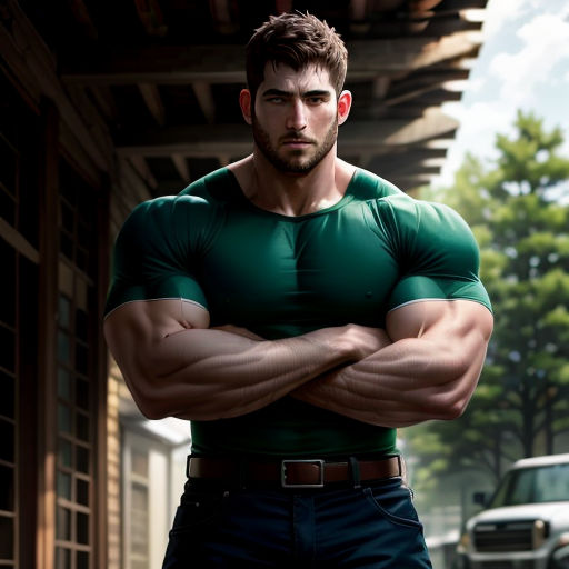 a man in a green shirt is standing with his arms crossed and his arms crossed in front of him