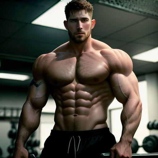 a man with a muscular body is posing for a picture in a gym room with a barbell in his hand