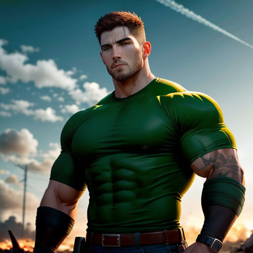 a man in a green shirt is standing in front of a sky with a jet in the background and a plane in the sky