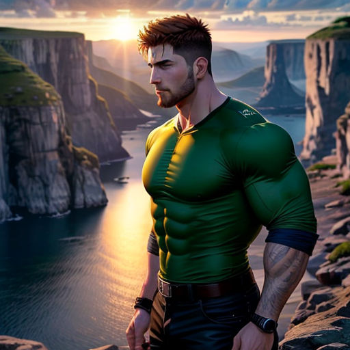 a man in a green shirt standing on a cliff overlooking a body of water and mountains with a sunset in the background