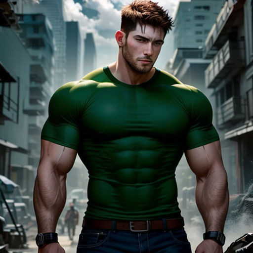 a man in a green shirt is standing in the street with his hands on his hips and his hands on his hips