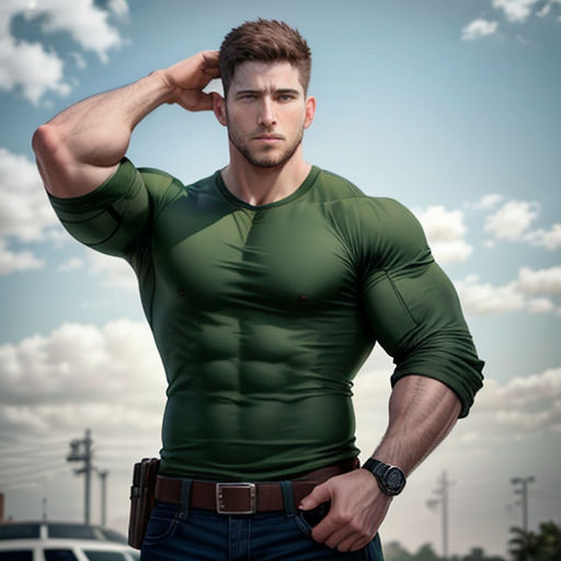 a man in a green shirt is posing for a picture with his hand on his head and his hand on his head