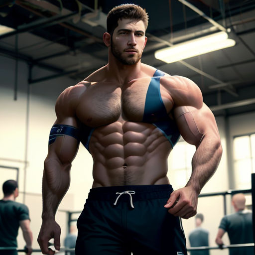 a man with a muscular body and no shirt on in a gym with other men in the background wearing shorts