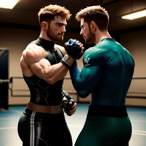 two men in green and black outfits in a boxing ring, one of them is punching the other with his fists