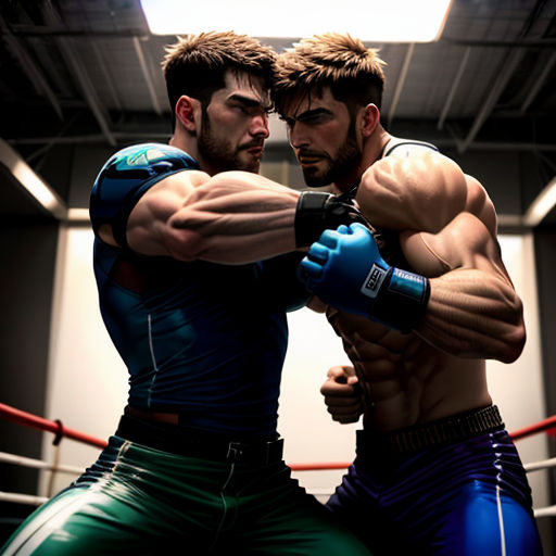 two men in wrestling gear standing next to each other in a ring with ropes and ropes around them, one of them is punching the other