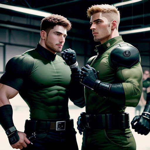 two men in green uniforms standing next to each other in a warehouse area with other men in black uniforms