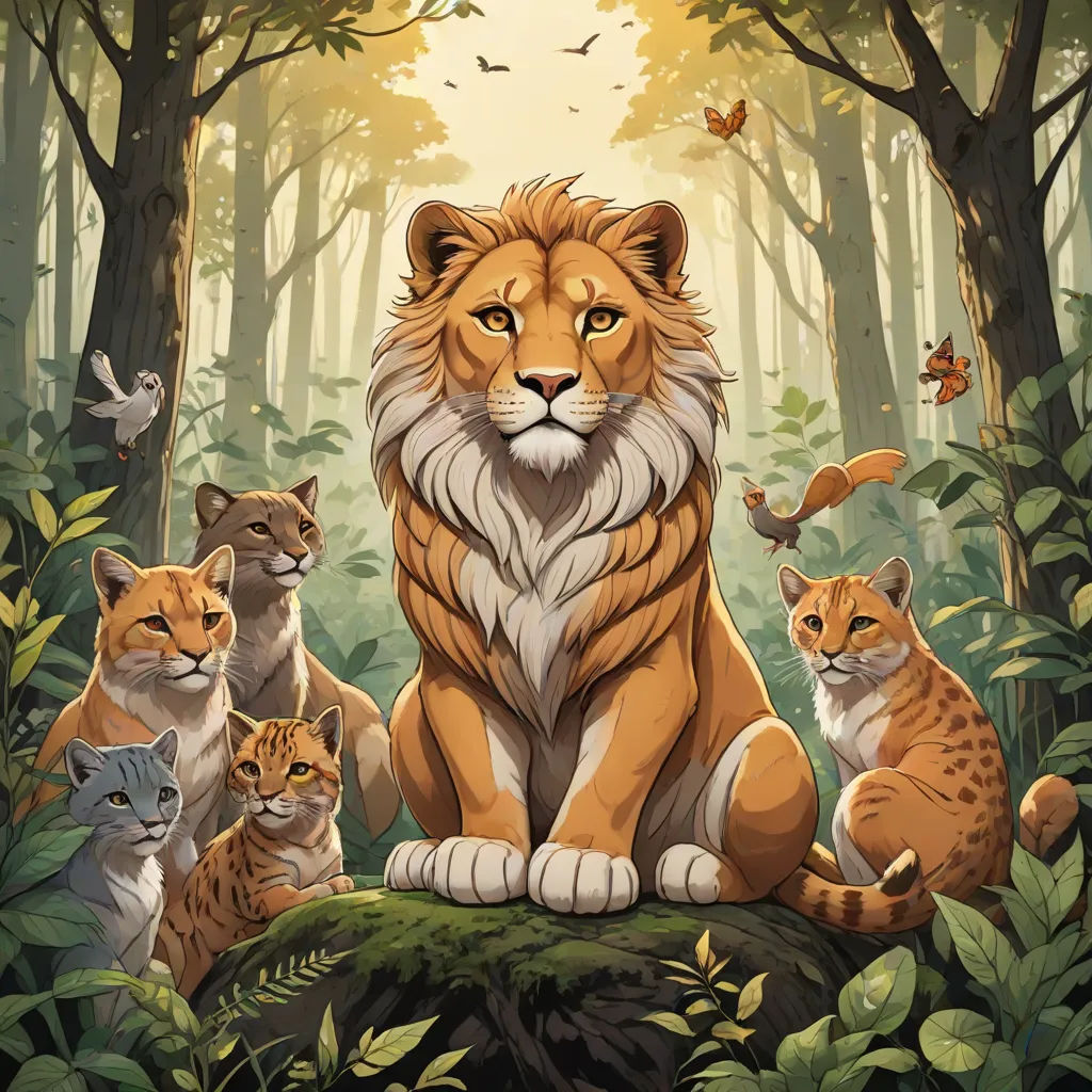 a painting of a lion surrounded by other animals in a forest with butterflies flying overhead and a forest scene with trees and leaves, Chris LaBrooy, furry art, an album cover, official art