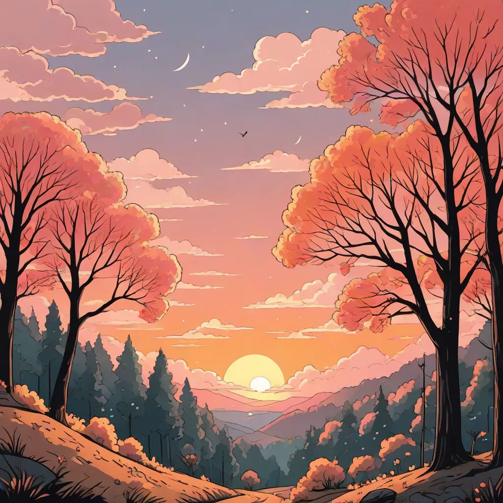 a painting of a sunset with trees and a path leading to a hill with a bird flying over it, Dan Mumford, fantasy art, a comic book panel, josan gonzales and dan mumford