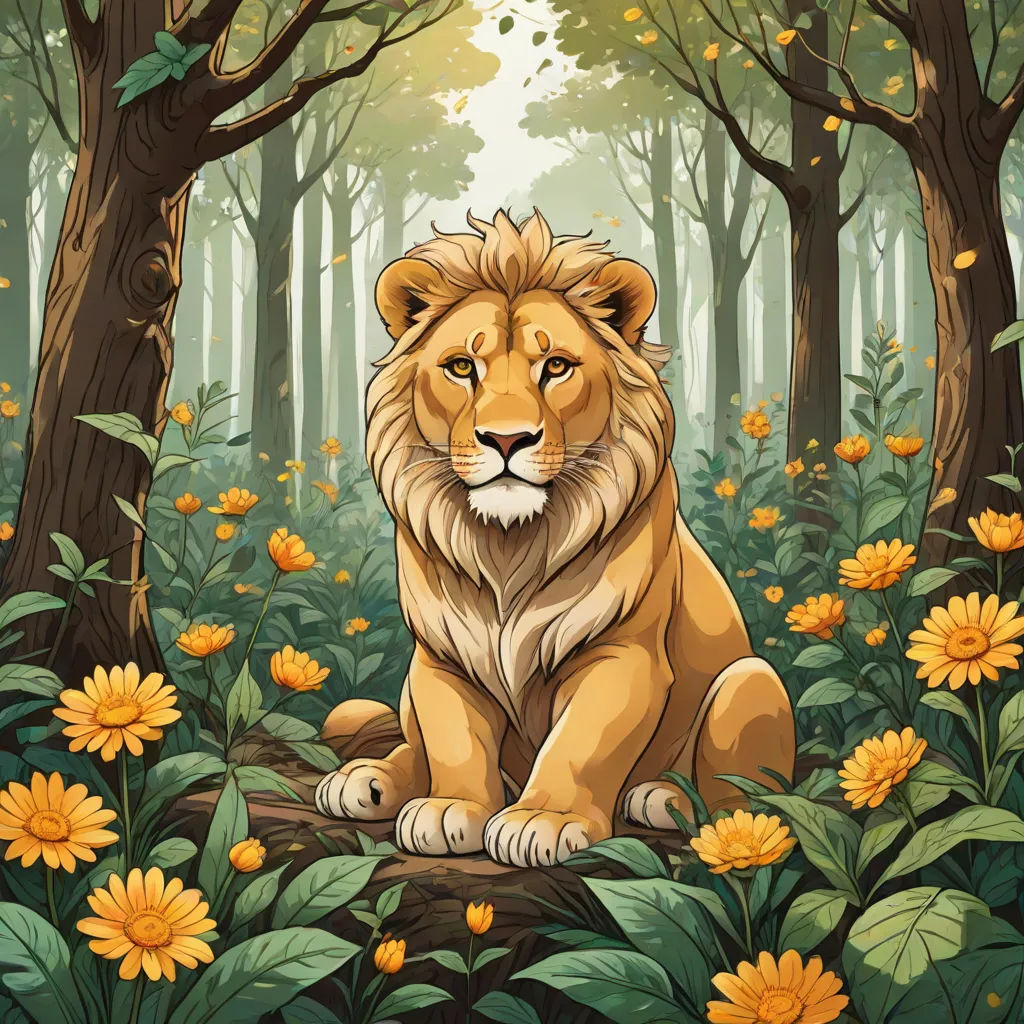 a lion sitting in the middle of a forest with yellow flowers on the ground and trees in the background, Chris LaBrooy, fantasy art, a storybook illustration, trending on art station