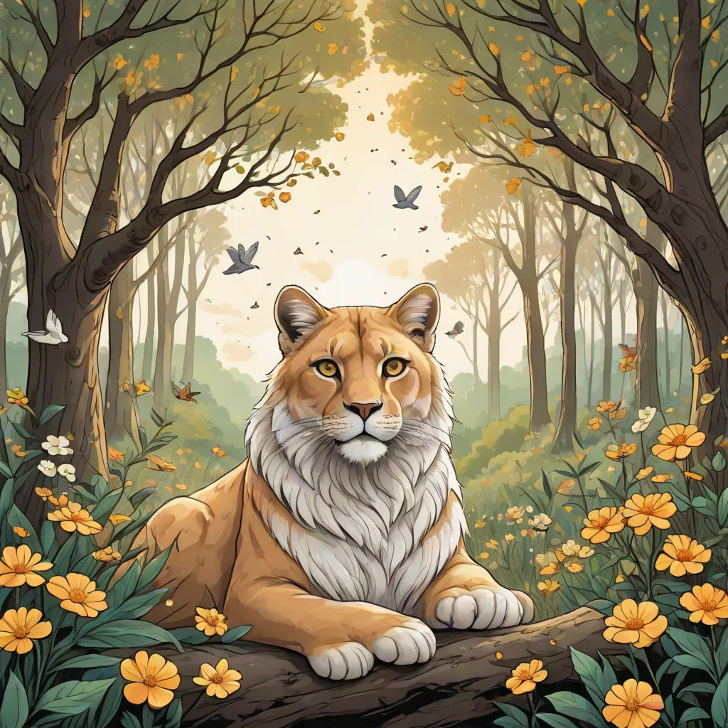 a painting of a tiger sitting on a log in a forest with flowers and butterflies around it, with a butterfly flying overhead, Chris LaBrooy, fantasy art, an album cover, official art