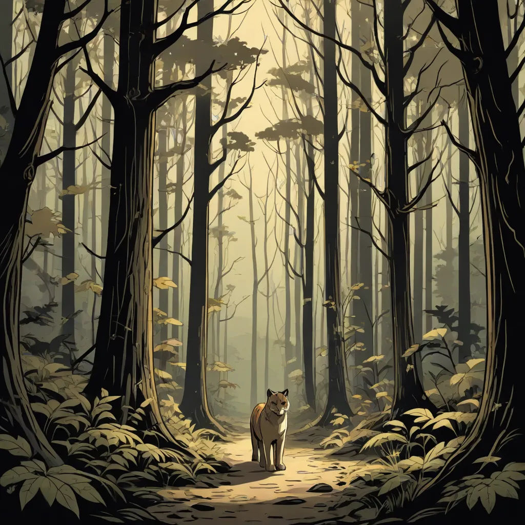 a painting of a fox in a forest with trees and leaves on the ground and a path leading to it, Dan Mumford, furry art, a storybook illustration, comic cover art