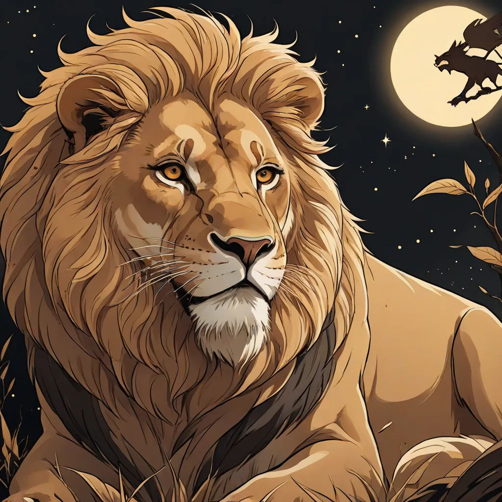 a lion sitting in the grass with a full moon in the background and a horse in the background with a full moon in the sky, Chris LaBrooy, fantasy art, a storybook illustration, trending on art station