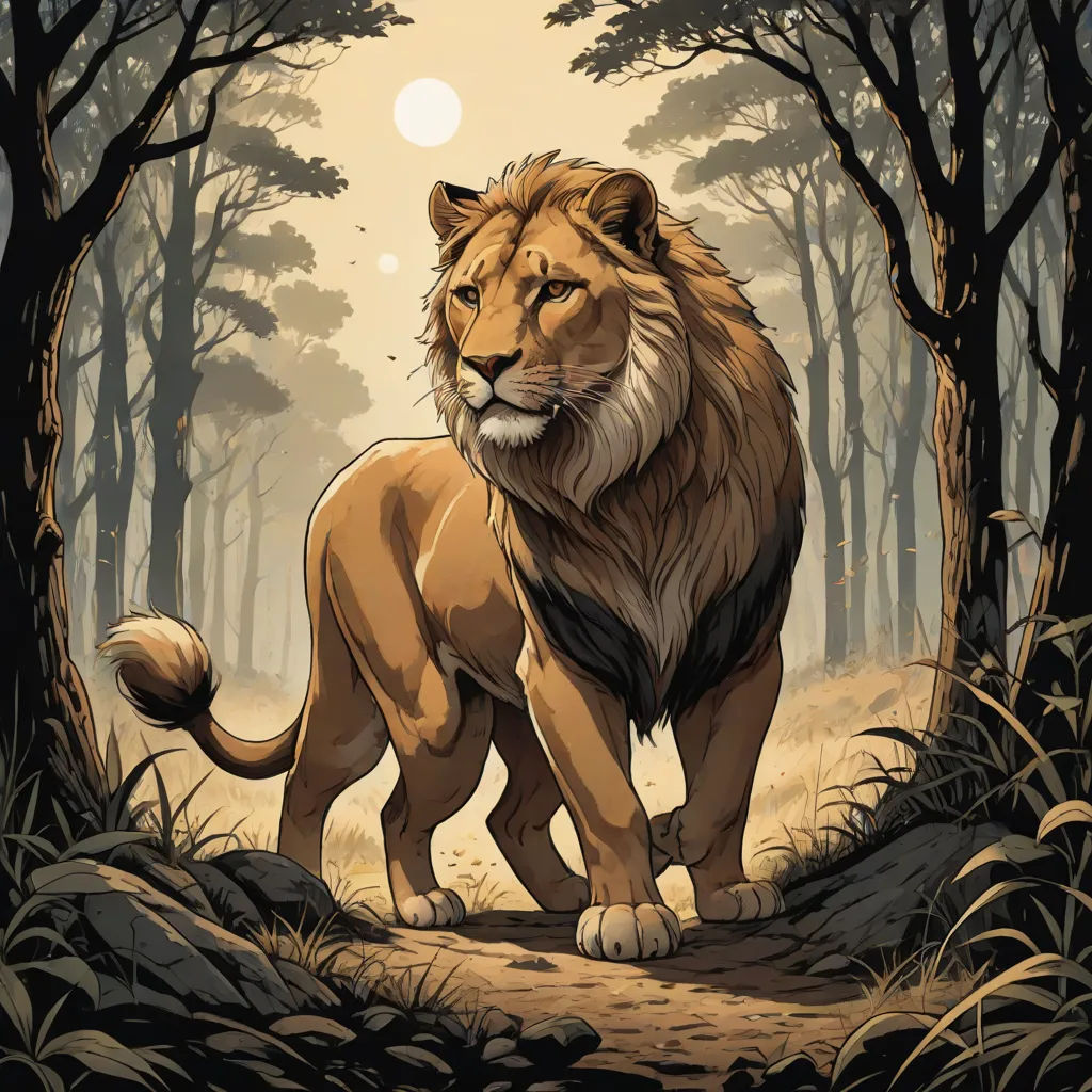 a lion standing in the middle of a forest with trees and grass around it, with the sun shining through the trees, Chris LaBrooy, furry art, a comic book panel, official art