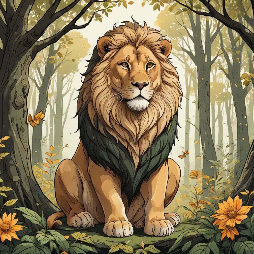 a lion sitting in the middle of a forest with sunflowers and trees around it, with a butterfly flying overhead, Alison Kinnaird, fantasy art, a character portrait, trending on art station