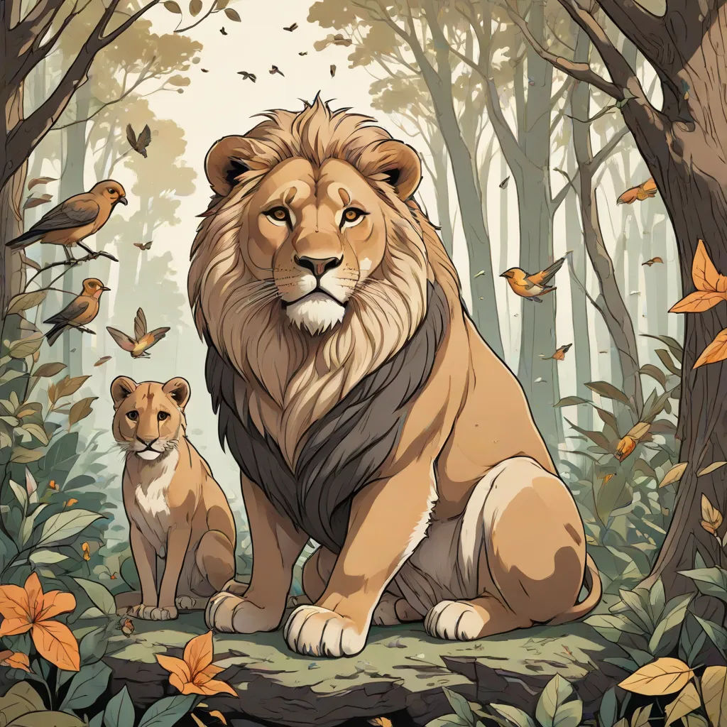 a lion and a cub sitting in the woods with butterflies around them and a bird flying overhead in the background, Chris LaBrooy, furry art, a storybook illustration, trending on art station