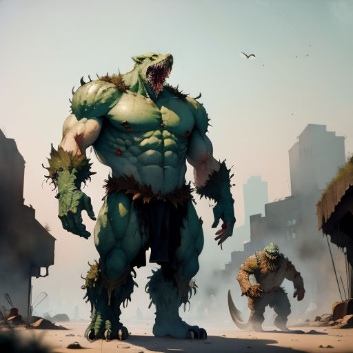 a man in a green costume standing next to a giant monster in a city street with buildings in the background