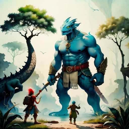a painting of a man with a sword and a demon in a forest with a dragon on his back