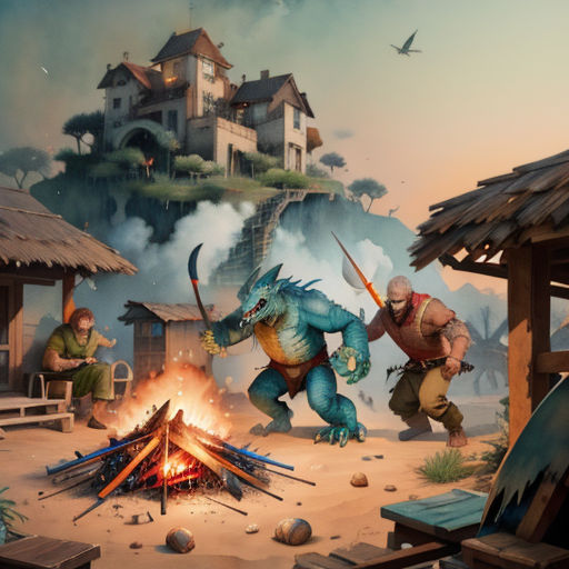 a painting of a dragon attacking a man in front of a fire pit with a castle in the background