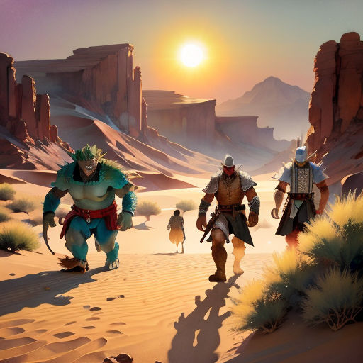 a group of people walking across a desert covered in sand and rocks, with a giant monster in the background