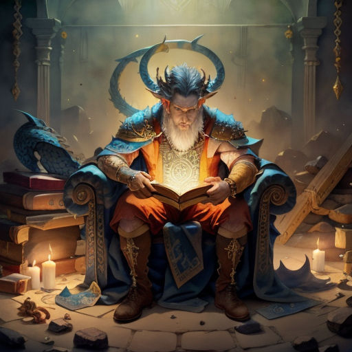 a man sitting on a chair reading a book with a dragon on it's head and a candle in his hand