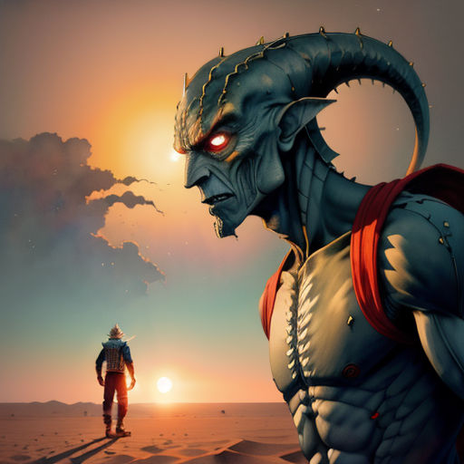 a man in a desert with a giant horned head and a red eye standing next to a man in a red suit