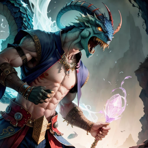 a man with a dragon head holding a wand and a ball in his hand, in front of a cave