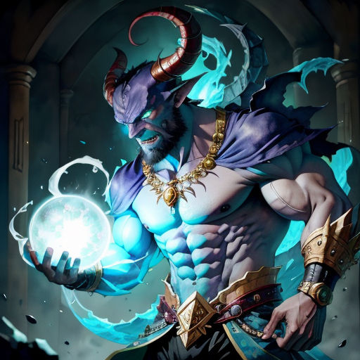 a man with horns and a horned head holding a ball in his hand and a demon on his shoulder