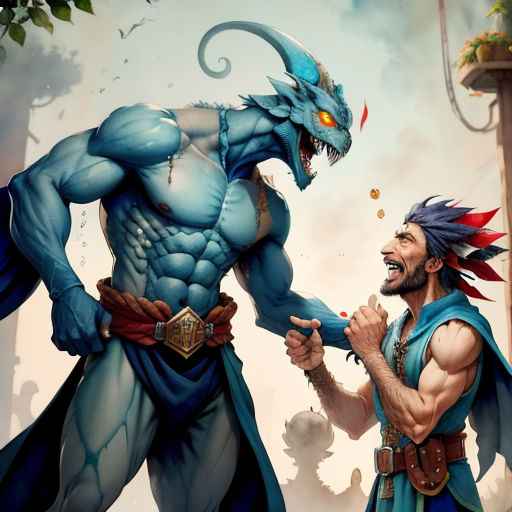 a man with a beard and a demon face is fighting with another man in a blue outfit and a red hat