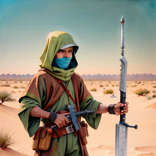 a man in a desert with a sword and a mask on his face and a desert landscape behind him