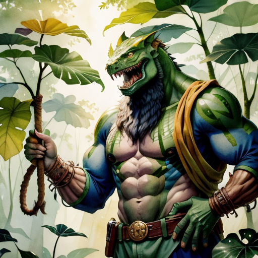 a painting of a man with a dragon head and a green outfit holding a rope in his hand and a green dragon on his shoulder