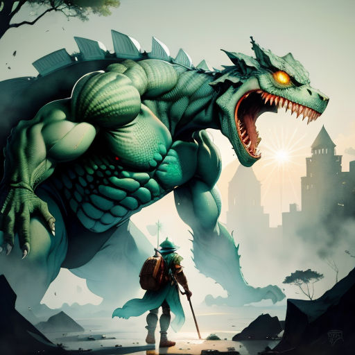 a man with a backpack and a backpack walking next to a large green dragon with a large mouth and sharp teeth